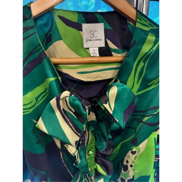 Sarah cambell abstract floral green and blue maximalist button up blouse sz XS - Picture 5 of 5
